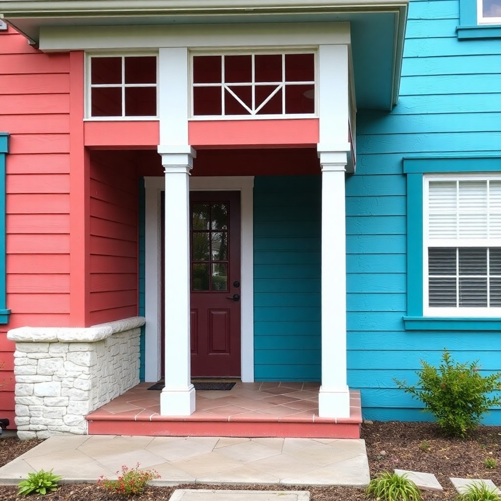 house outdoors, showcasing vibrant colors and fresh paint, surrounded by a well-maintained garden and a clear blue sky.