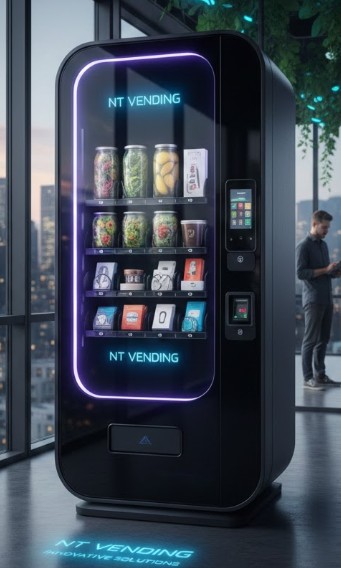 A black, standard vending machine in a hallway. The right side features large, vertical yellow text that reads "SNACKS" and blue text that reads "COLD DRINKS." The glass door shows shelves filled with bags of chips, candy bars, and various bottled and canned beverages, including Pepsi and Coke. A yellow payment console with a keypad and card reader is mounted on the right side of the door, with white "Benleigh" branding and decorative swirls below it. The machine stands on a speckled tiled floor in a brightly lit corridor.