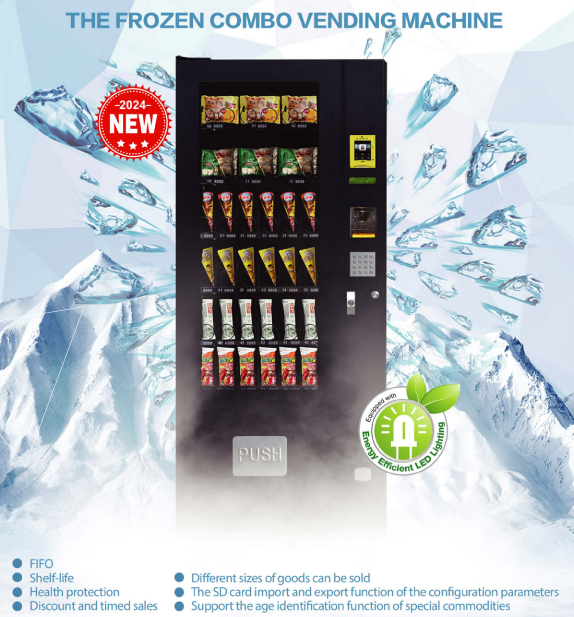 Frozen combo vending machine stocked with frozen meals, ice creams, and cold snacks, displayed against an icy background with “2024 New” and “Energy Efficient LED Lighting” badges. Ideal for workplaces in Darwin needing frozen vending machine solutions.
