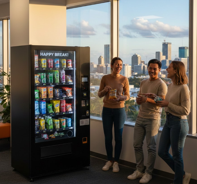 Office staff enjoying snacks beside a brightly lit vending machine during sunset, showcasing how NT Vending machines create convenient, happy break moments in Darwin workplaces.