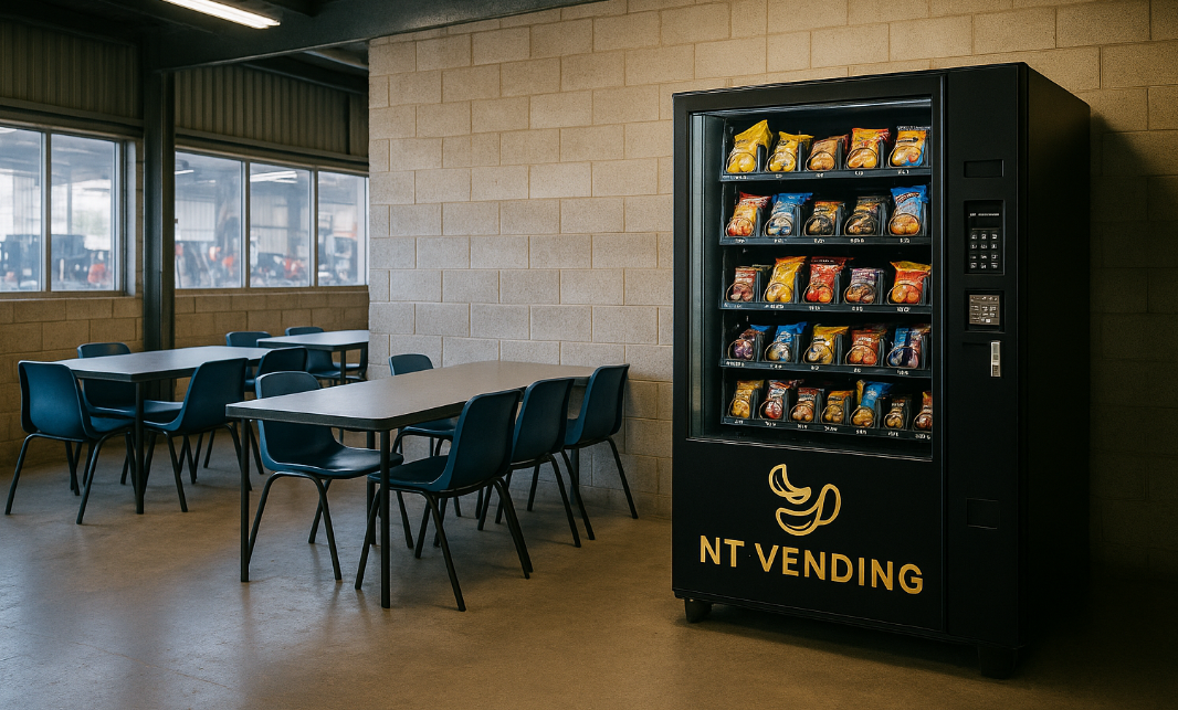 NT Vending snack machine installed in a Darwin workshop lunchroom, stocked with chips and treats beside tables and chairs. Showcases a clean, modern vending solution suitable for workplaces across the Northern Territory.