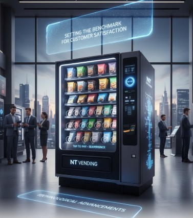 A modern NT Vending machine showcased in a sleek corporate setting, surrounded by professionals, highlighting advanced features such as tap-to-pay and smart technology. The scene emphasises innovation and reliability, bringing the latest vending machine technology to Darwin and setting the benchmark for customer satisfaction.