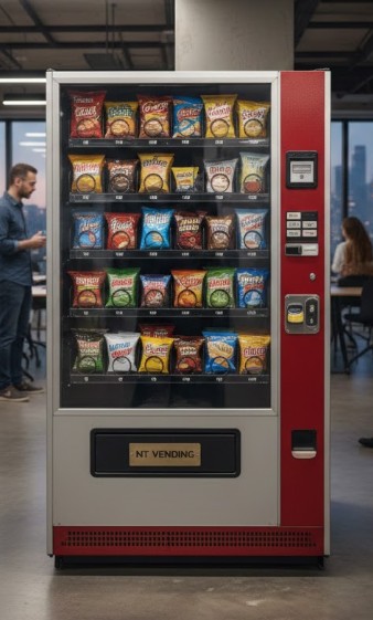 Front view of an NT Vending snack machine fully stocked with chips and treats inside a modern Darwin workplace, highlighting reliable vending machine options for offices across the Northern Territory.