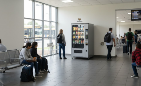 NT Vending snack machine installed in a bright, modern transport waiting area, with commuters sitting and walking nearby. Demonstrates how vending machines enhance convenience in busy public spaces across Darwin and the Northern Territory.