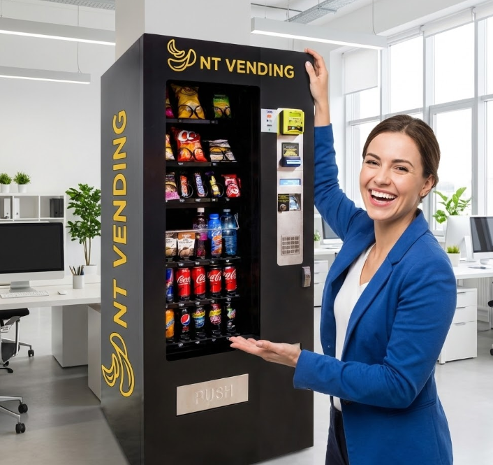 Smiling office worker standing beside a fully stocked NT Vending snack and drink machine in a modern Darwin workplace, showcasing convenient vending solutions for offices across the Northern Territory.