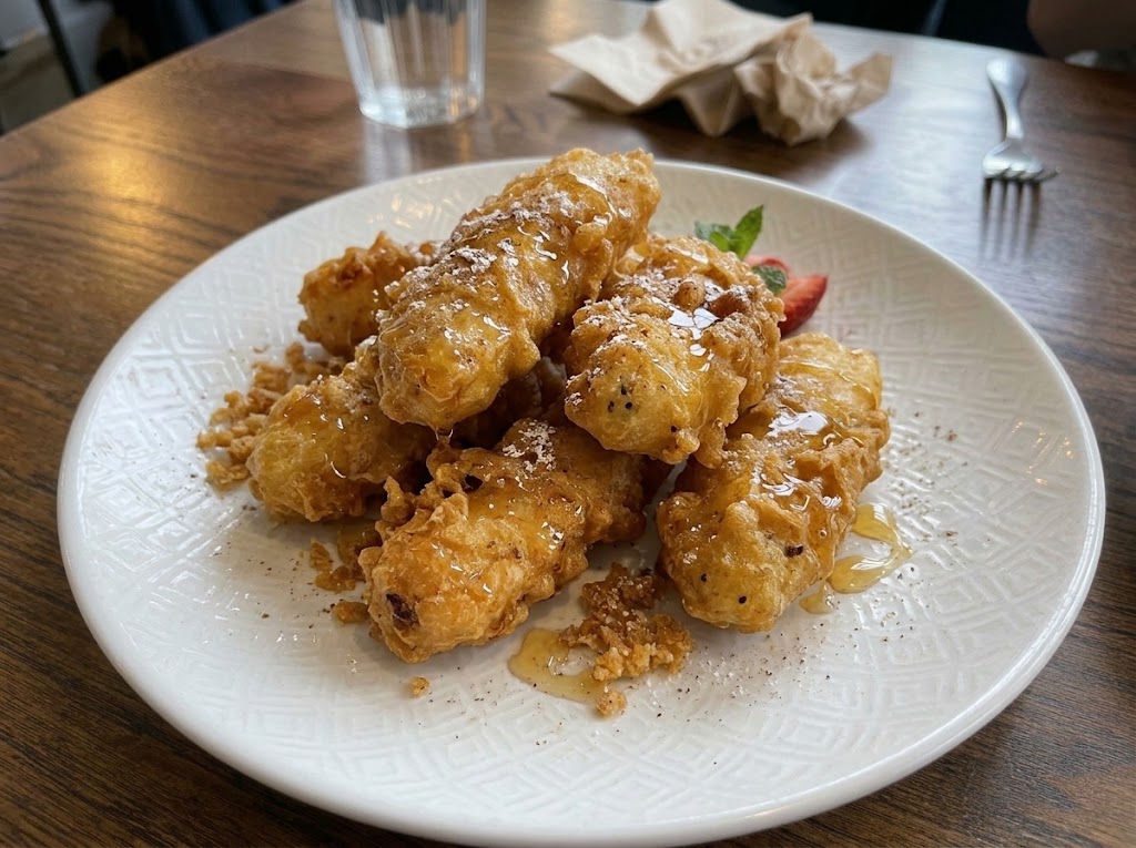 Crisp golden fried banana fritters drizzled with honey