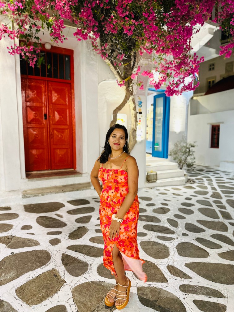 Meghna Patel under bougainvillea in Mykonos