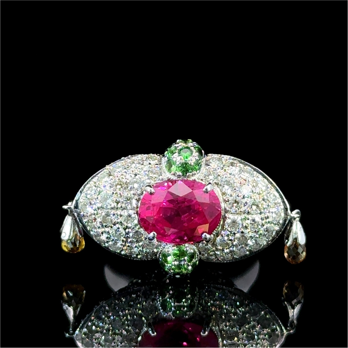 Ruby and diamond brooch with tsavorite