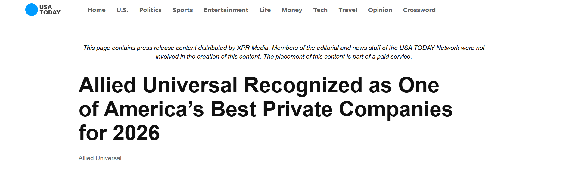 Press Release on USA Today