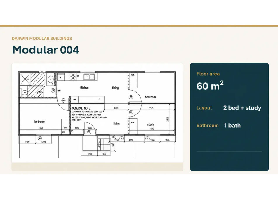 Modular 004 two-bedroom and study floor plan by Darwin Modular Buildings