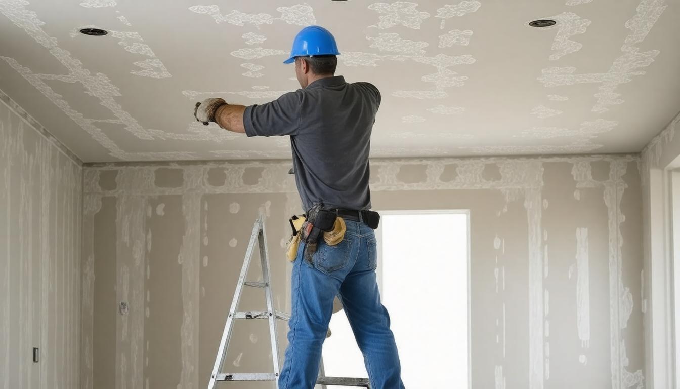 A man on a ladder reaching up to the ceiling in a well-lit room, focused on a task above him.