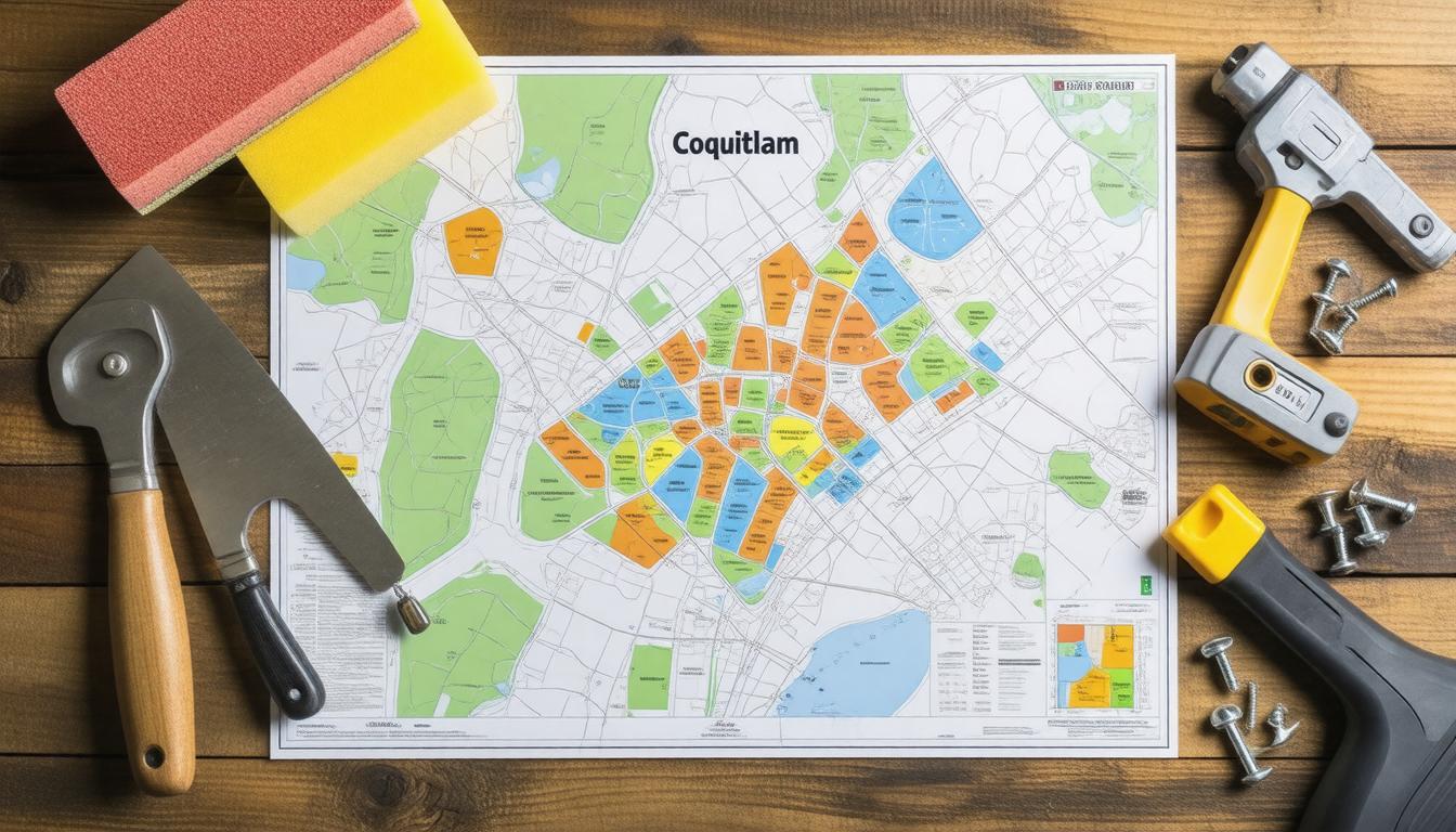 Map of Camden, NJ, displayed with various tools and construction materials surrounding it, indicating a construction project.