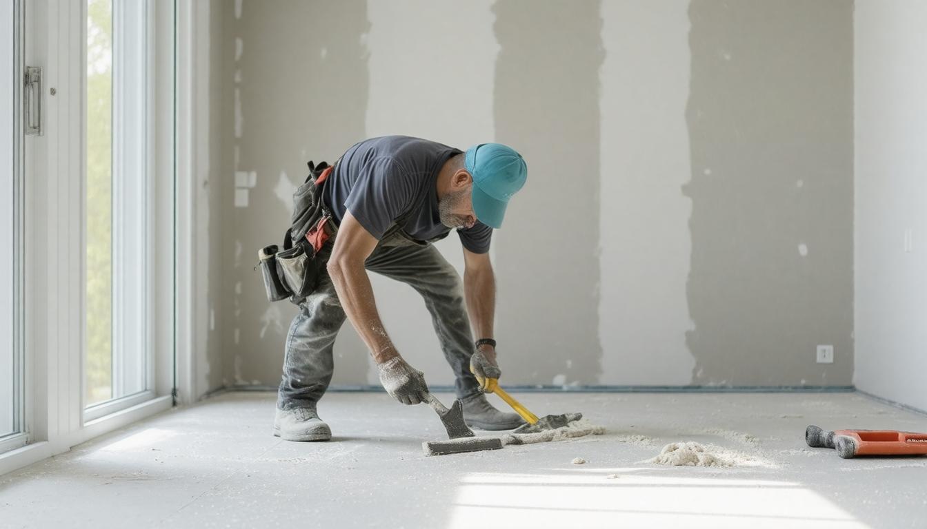 A man using a hammer to work on a room, focused on his task with tools and materials around him.