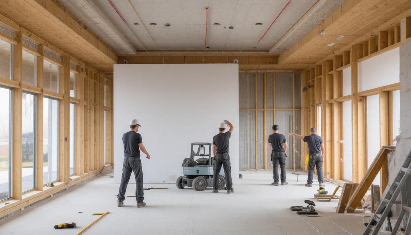 Three men collaborating on a construction project, wearing safety gear and focused on their tasks.