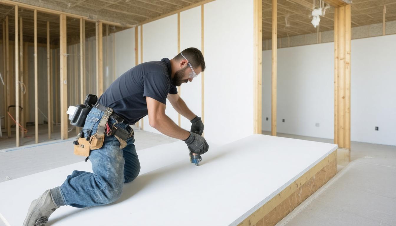 A man focused on cutting and shaping a white sheet of foam on a work surface.