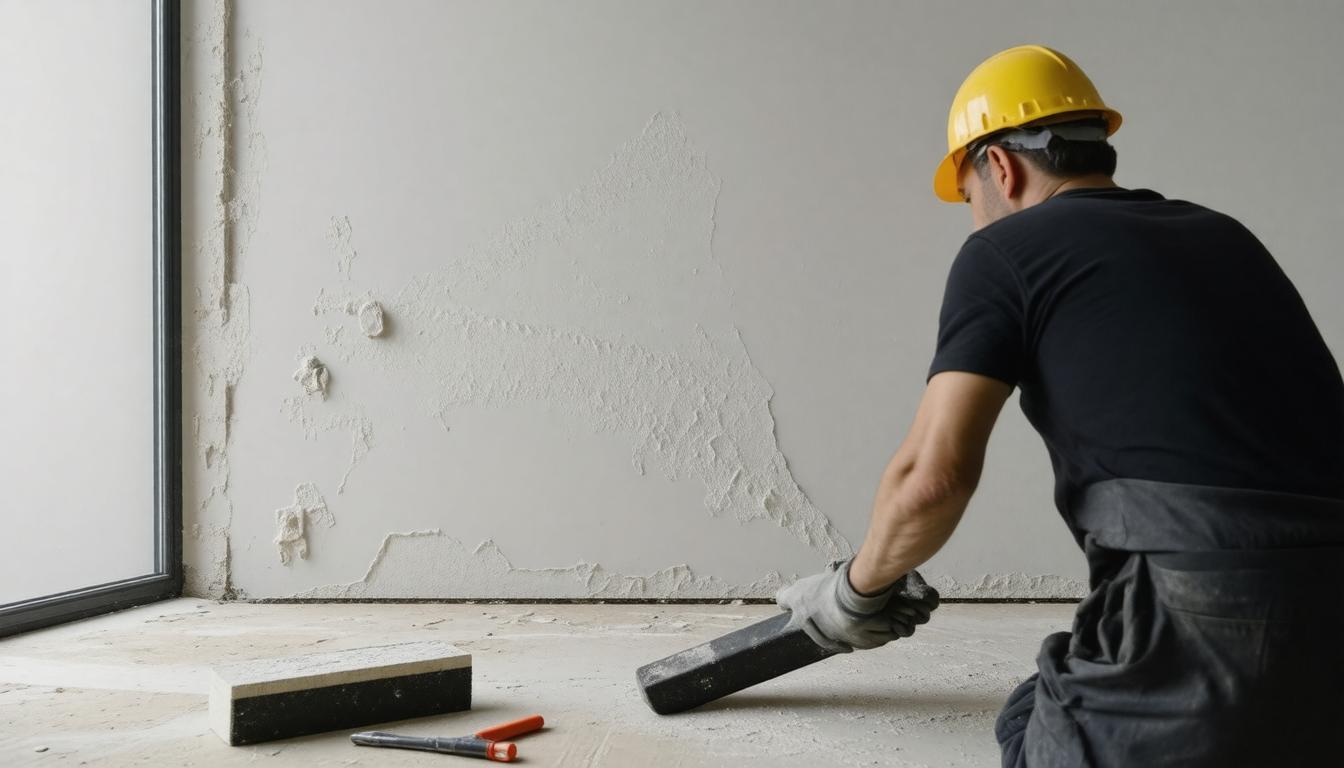 A man wearing a hard hat is actively working on constructing a wall, focused on his task.