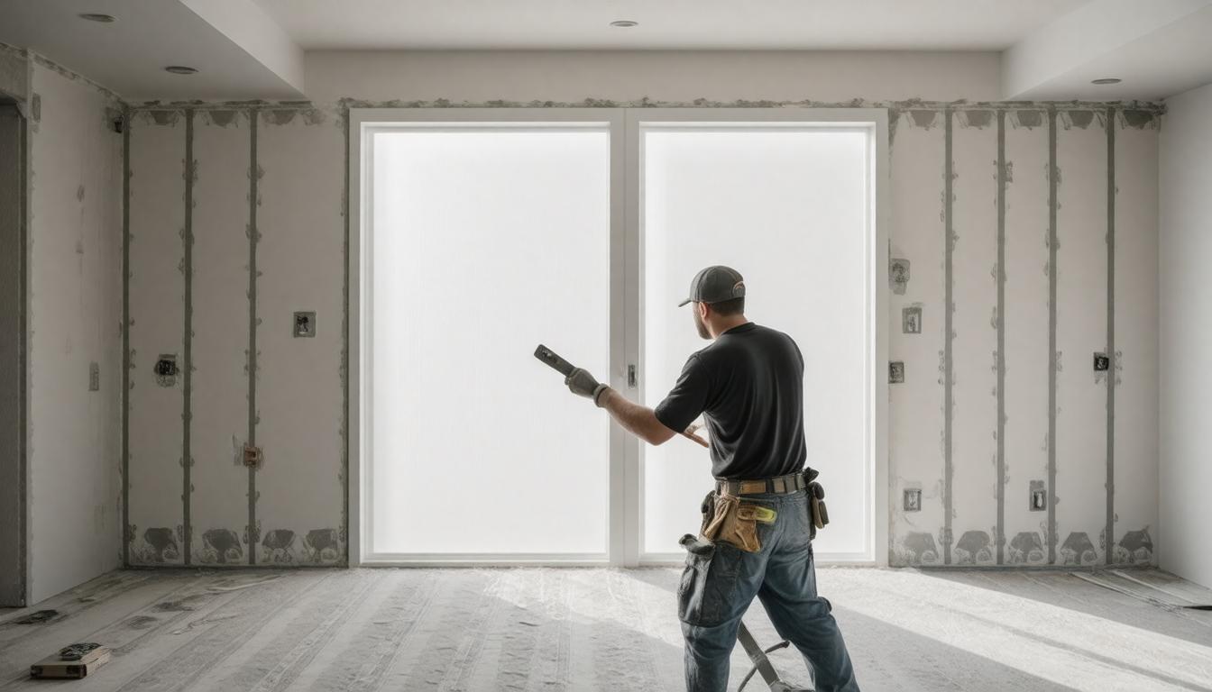 A man stands in an empty room featuring a plain wall and a closed door.