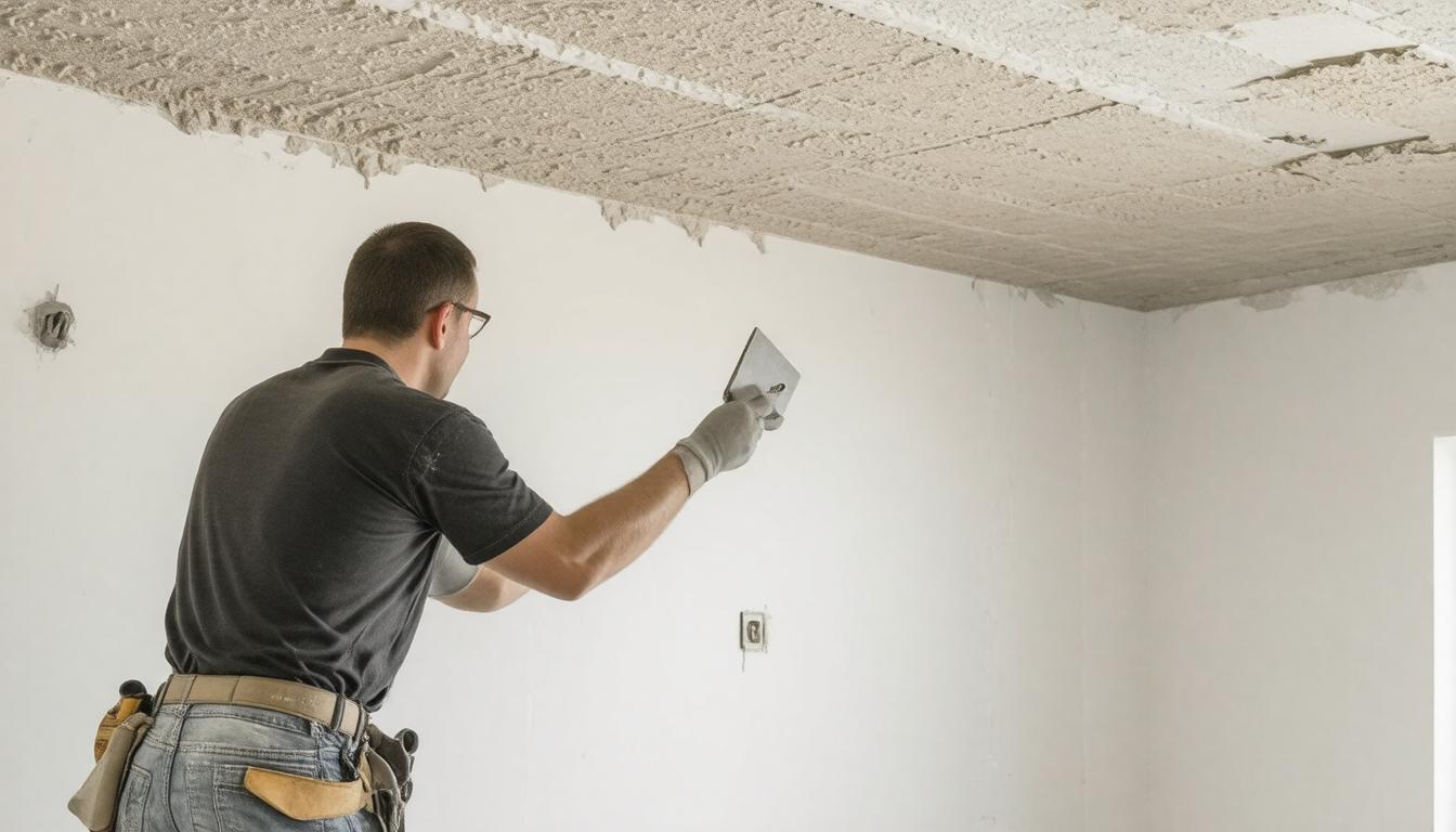 A man using a roller to paint the ceiling of a room, standing on a ladder for better reach.