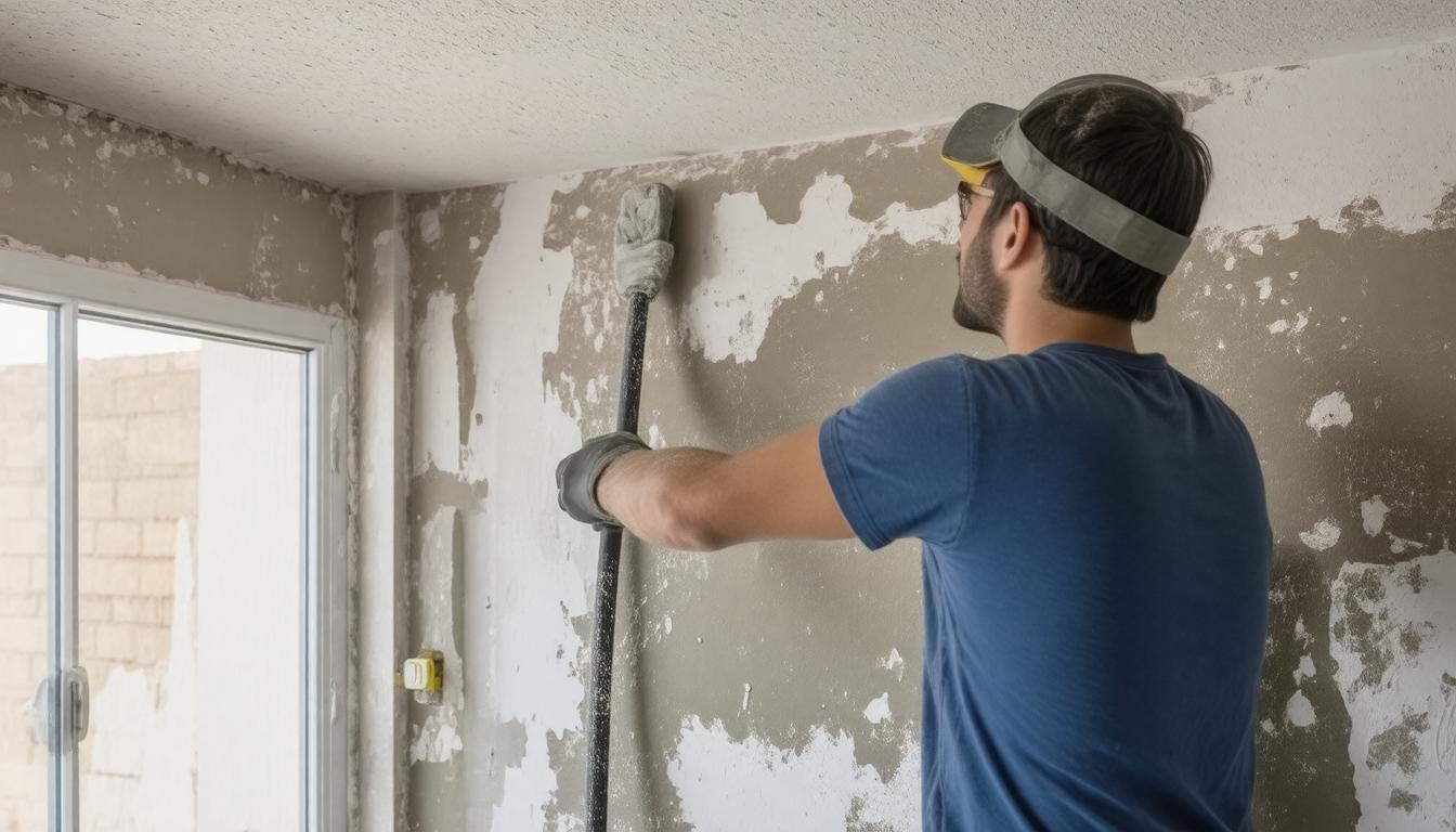 A man using a paint roller to apply paint to a wall in a home improvement setting.