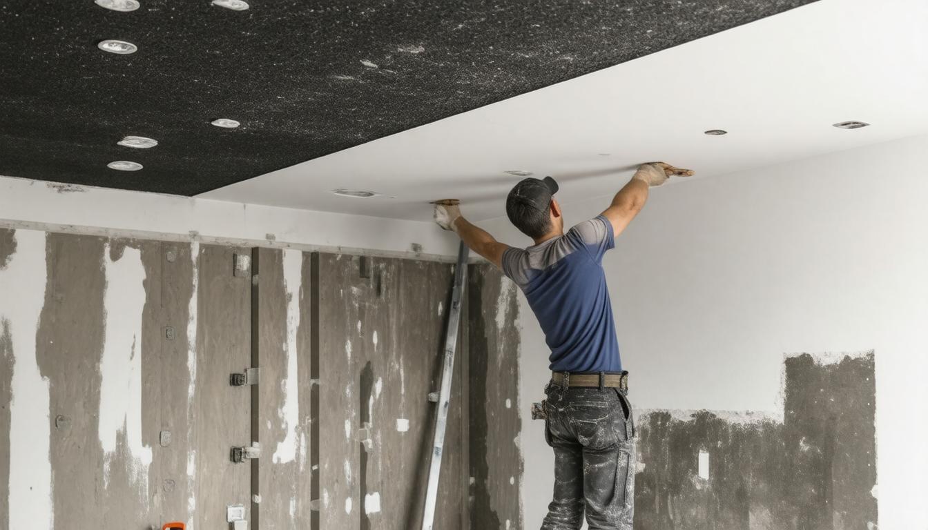A man is installing fixtures on the ceiling of a room, using tools and a ladder for support.