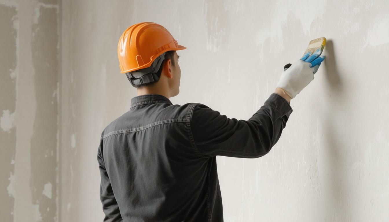 A man wearing an orange helmet is painting a wall with a roller brush.