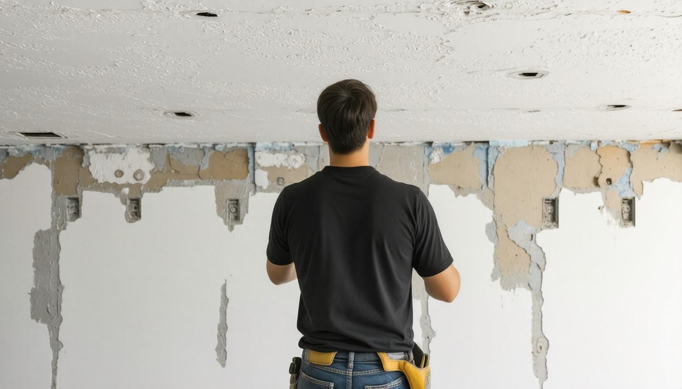 A man on a ladder meticulously cleaning a ceiling with a cloth, ensuring a spotless surface.