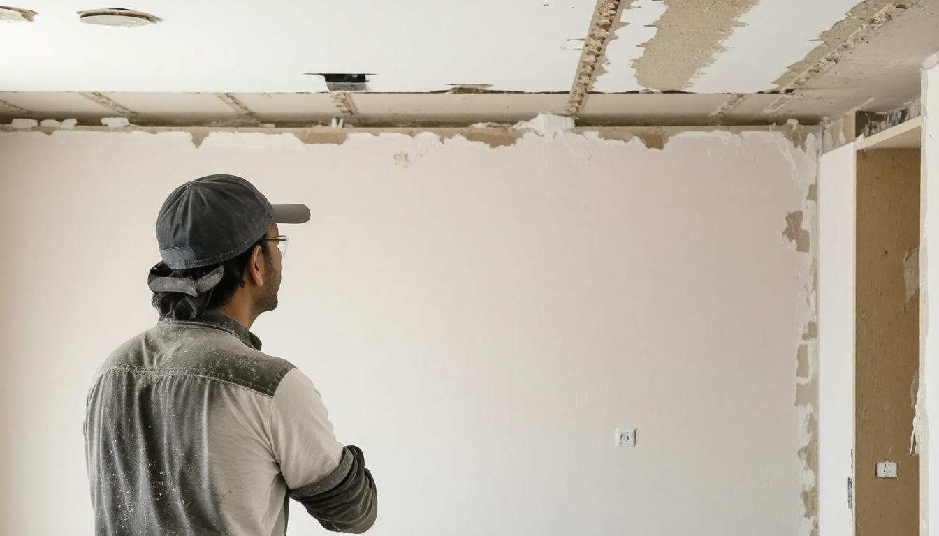 A man stands in front of a wall featuring a noticeable hole, highlighting potential damage or wear.