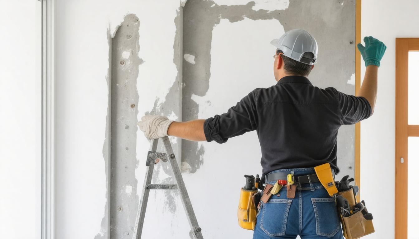 A man using a ladder to work on a wall, focused on his task with tools in hand.