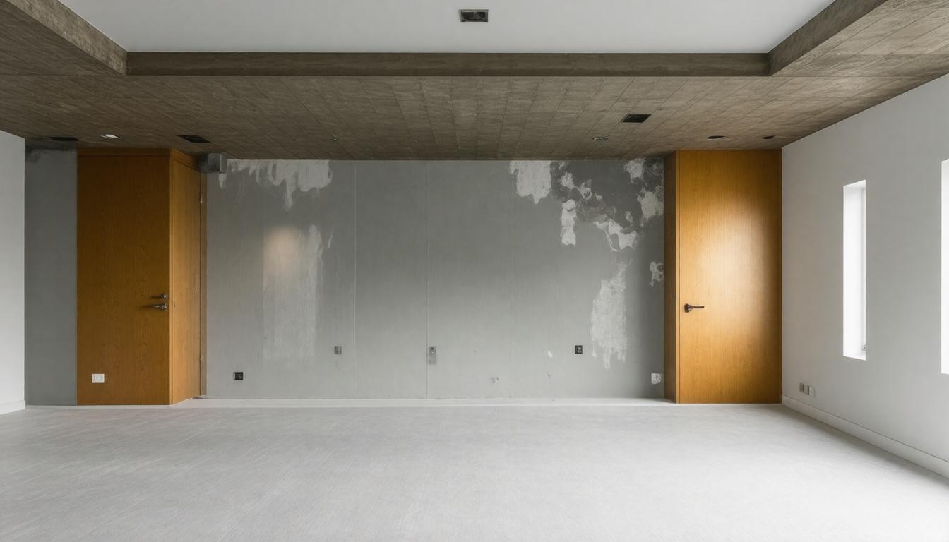 An empty room featuring white walls and wooden doors, creating a minimalist and spacious atmosphere.