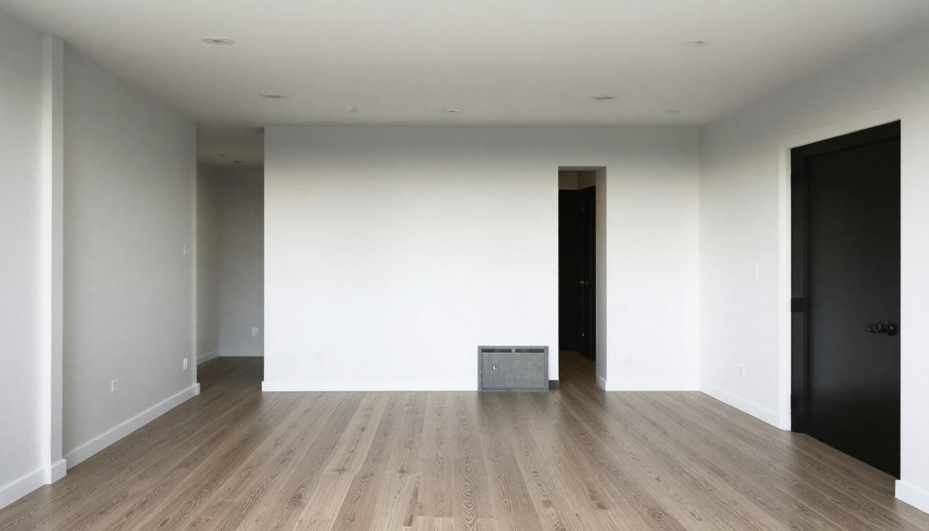 A bright white room featuring hardwood floors and a contrasting black door.