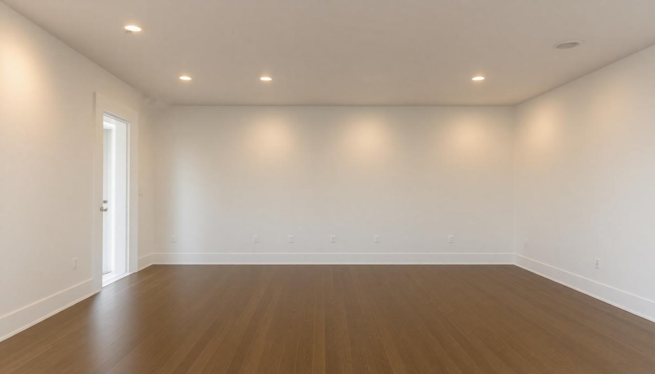 An empty room featuring hardwood floors and white walls, creating a spacious and minimalist atmosphere.