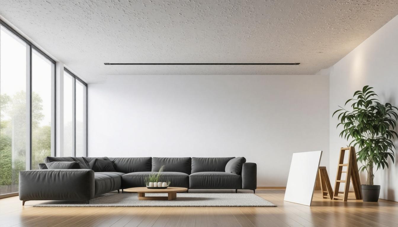 A modern living room featuring white walls, wooden floors, and contemporary furniture arranged for comfort and style.