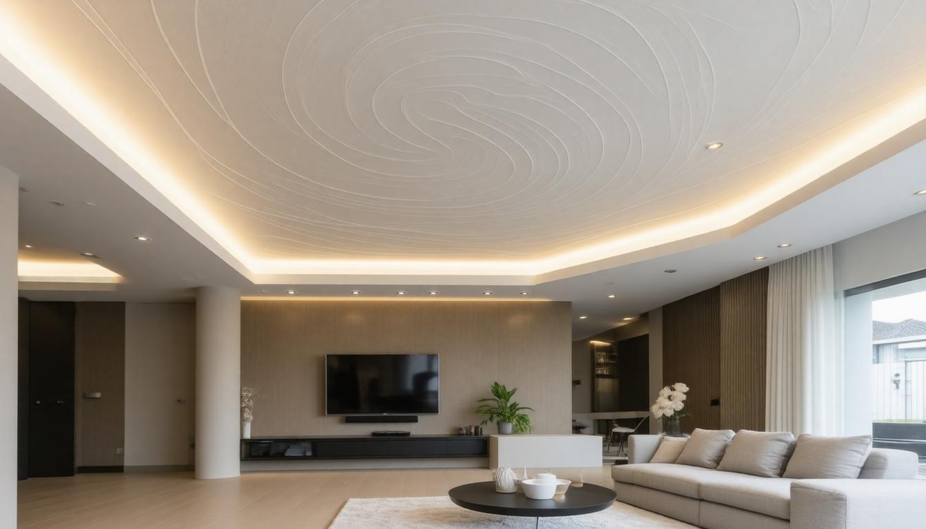 A modern living room featuring a high ceiling, contemporary furniture, and large windows allowing natural light.