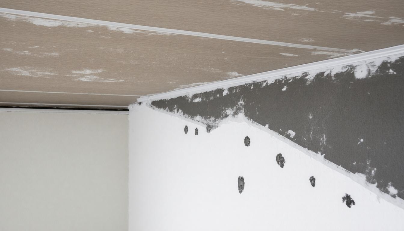 A white wall with multiple holes, extending up to a plain ceiling above.