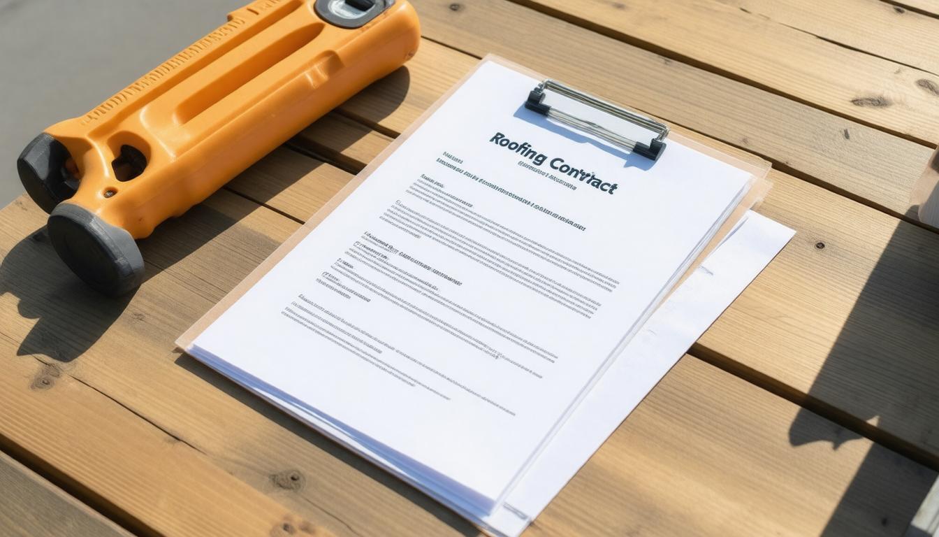 A construction contract displayed on a clipboard, showcasing important project details and signatures.