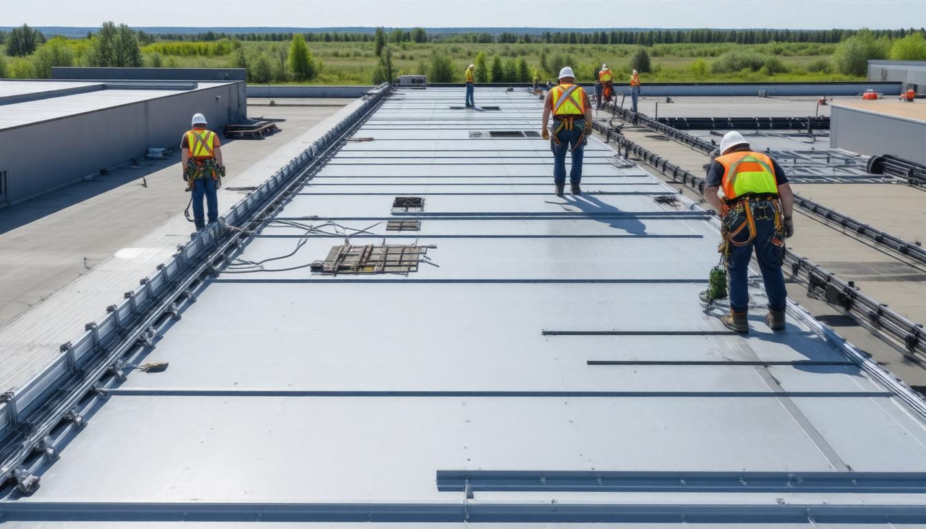 Workers performing maintenance on the roof of an industrial building under a clear blue sky.