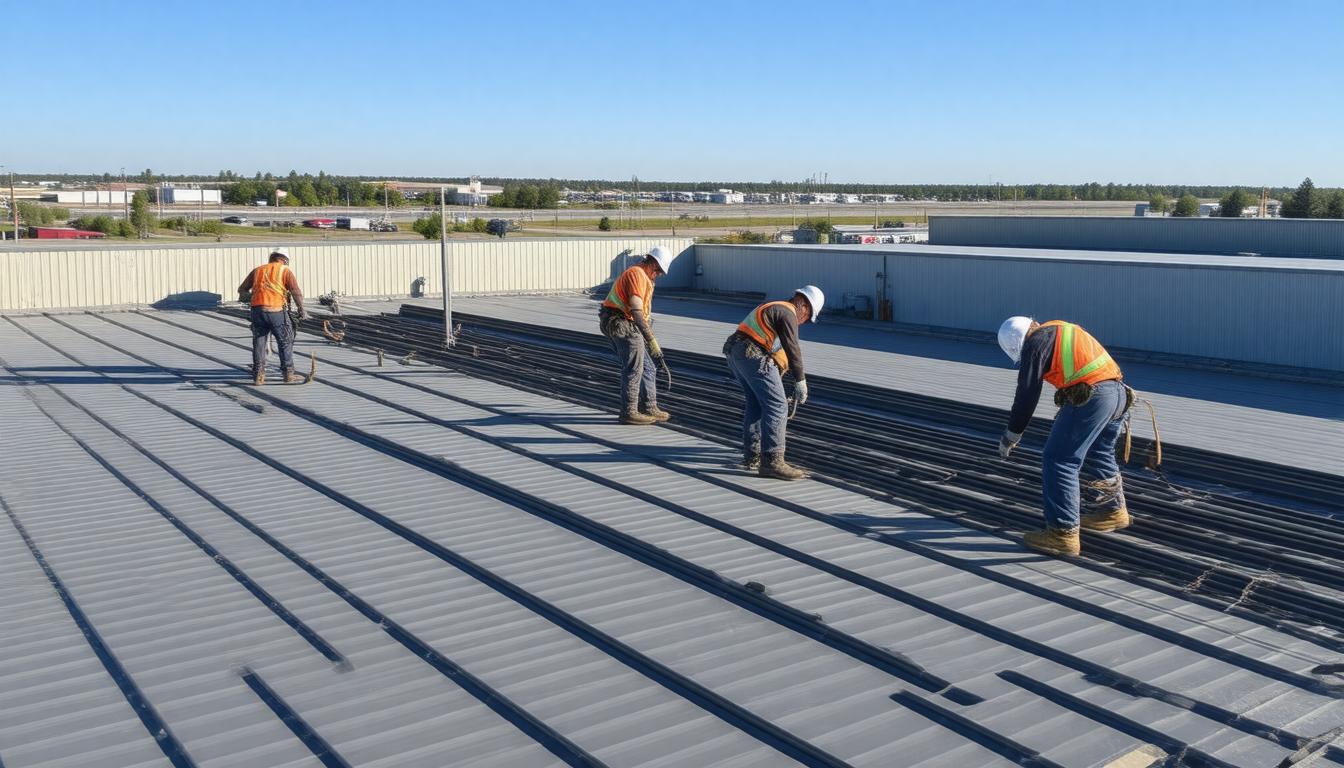 A man cleaning shingles on a roof, using a brush and standing on a ladder for better access.