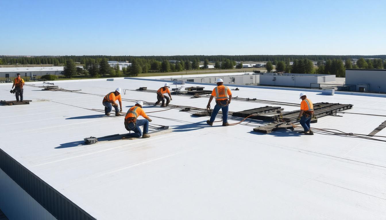 Workers performing maintenance on the roof of an industrial building under a clear blue sky.