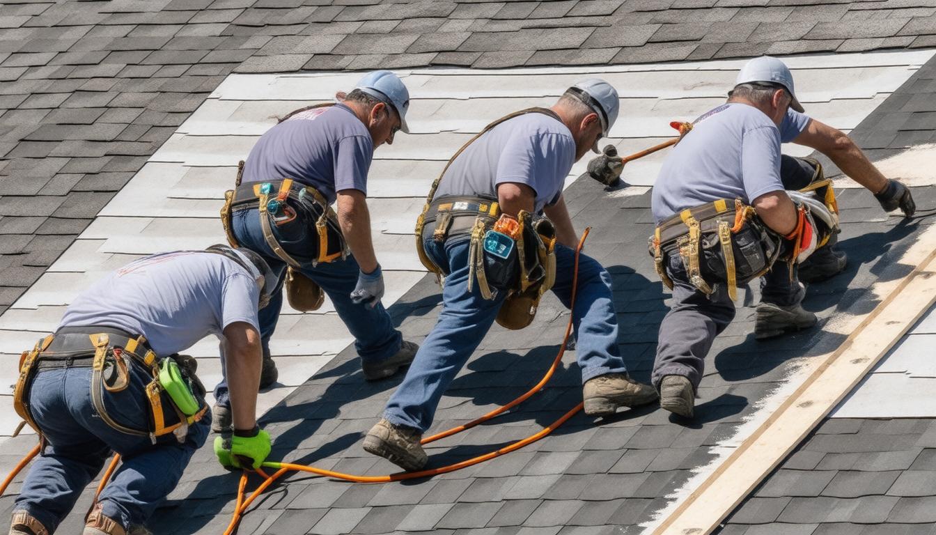 Four men using tools to work on a roof, focused on their tasks and collaborating on the project.