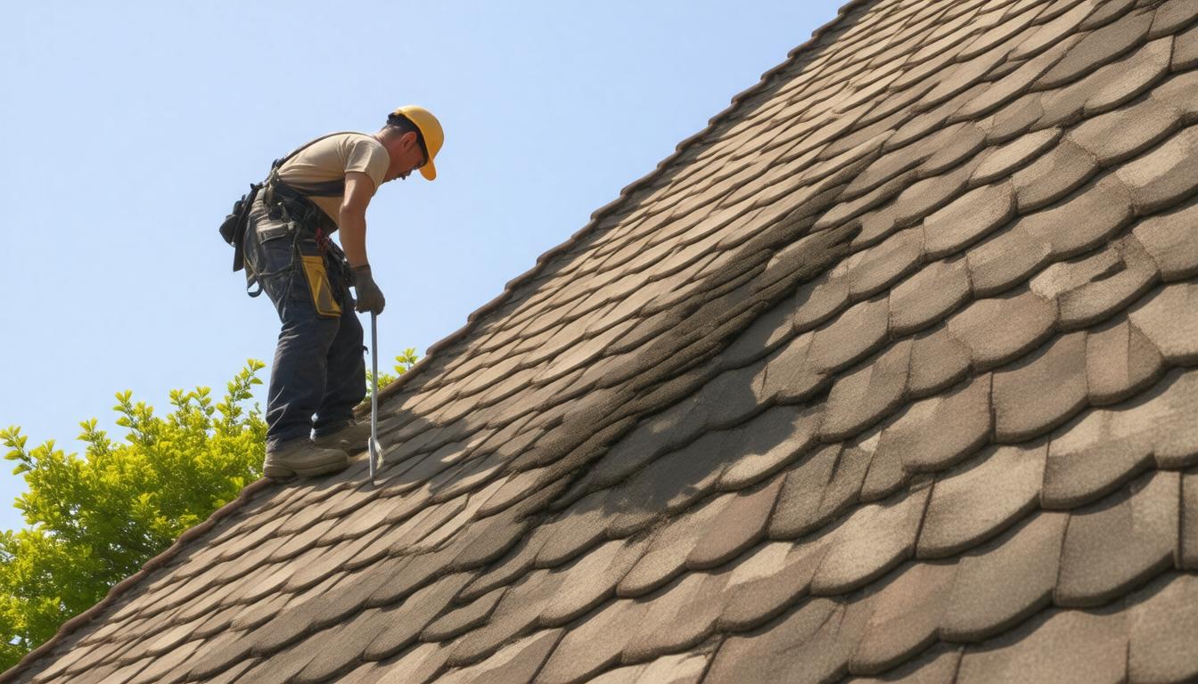 A man cleaning shingles on a roof, using a brush and standing on a ladder for better access.