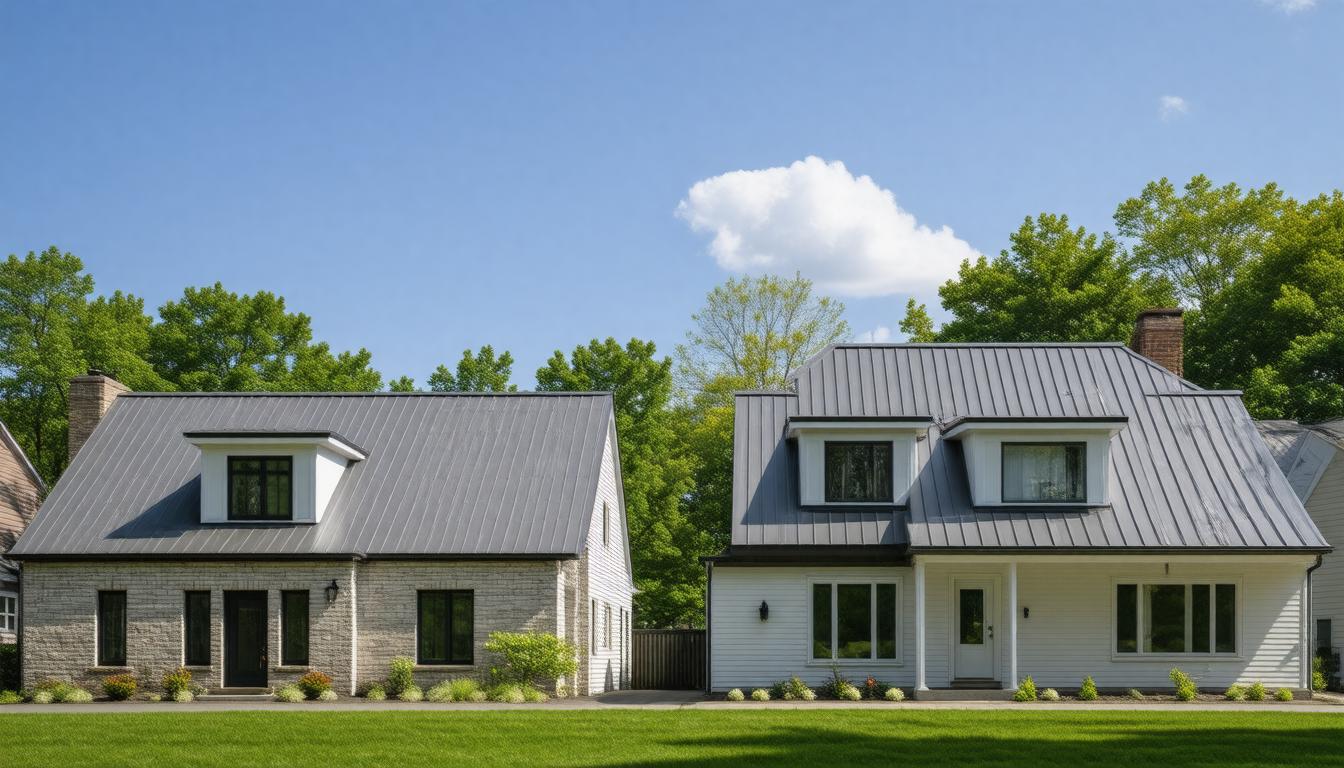Two contemporary homes featuring sleek metal roofs, set against a clear blue sky.