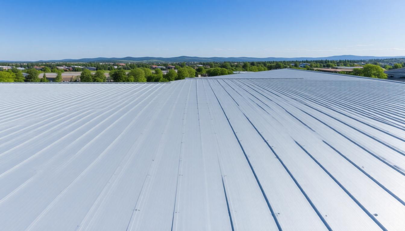 A roof covered with sleek white metal panels reflecting sunlight.