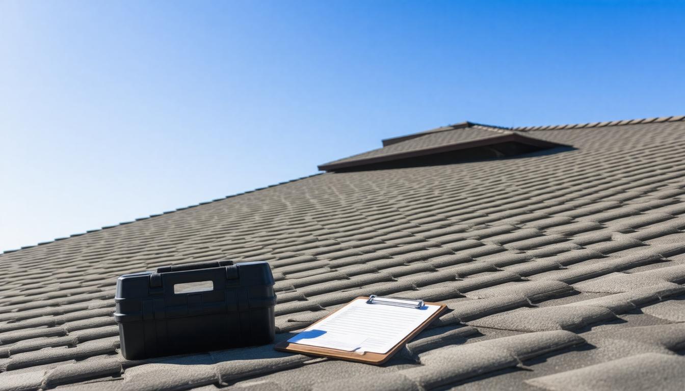 Roofing services advertisement featuring a Miami skyline and a worker installing a roof.