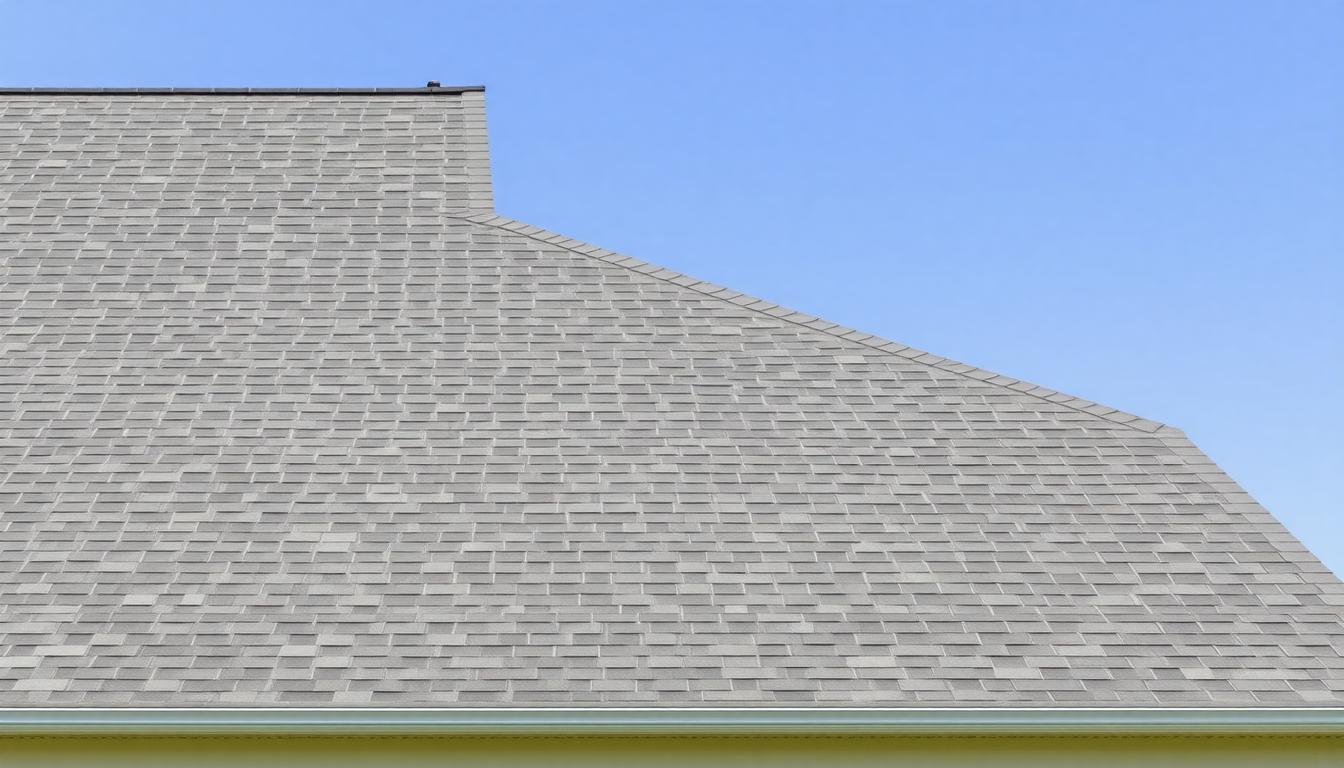 A roof covered with white shingles under a clear blue sky.