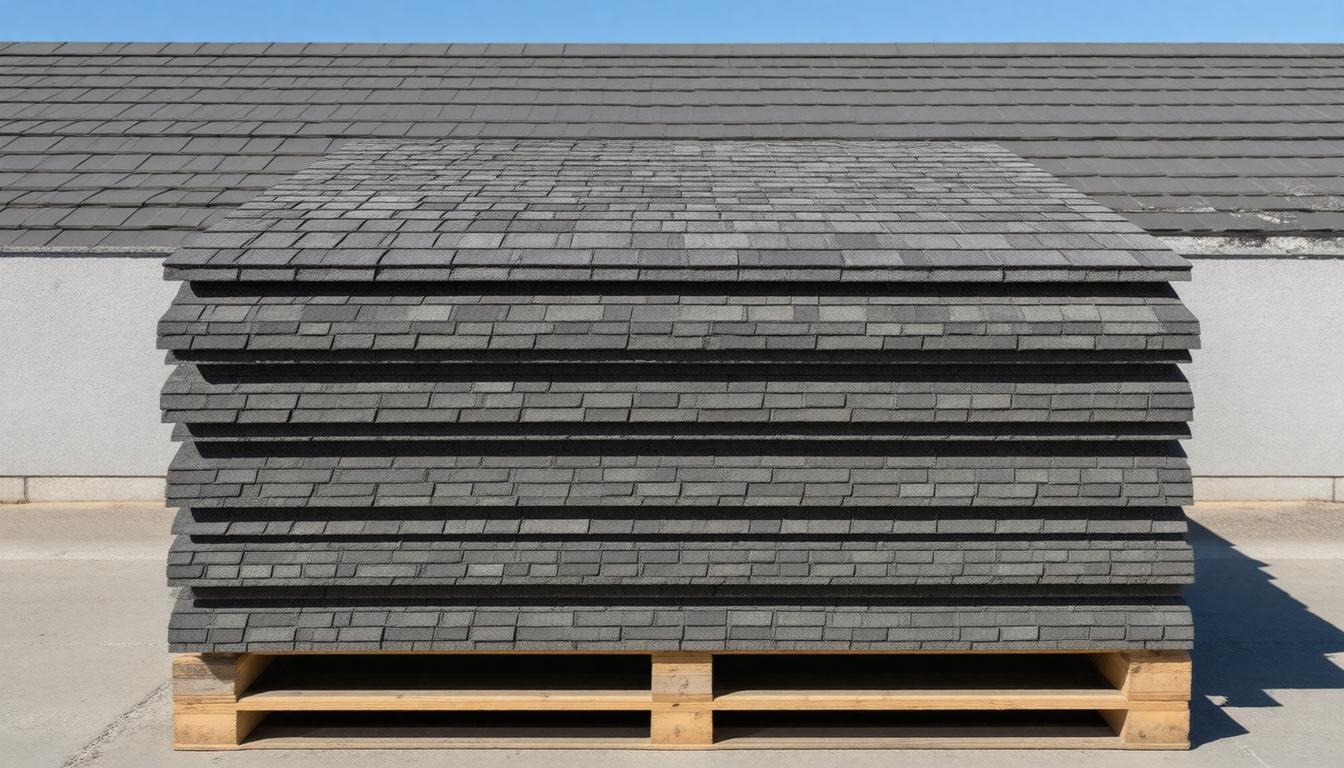 A stack of black shingles neatly arranged on a wooden pallet.
