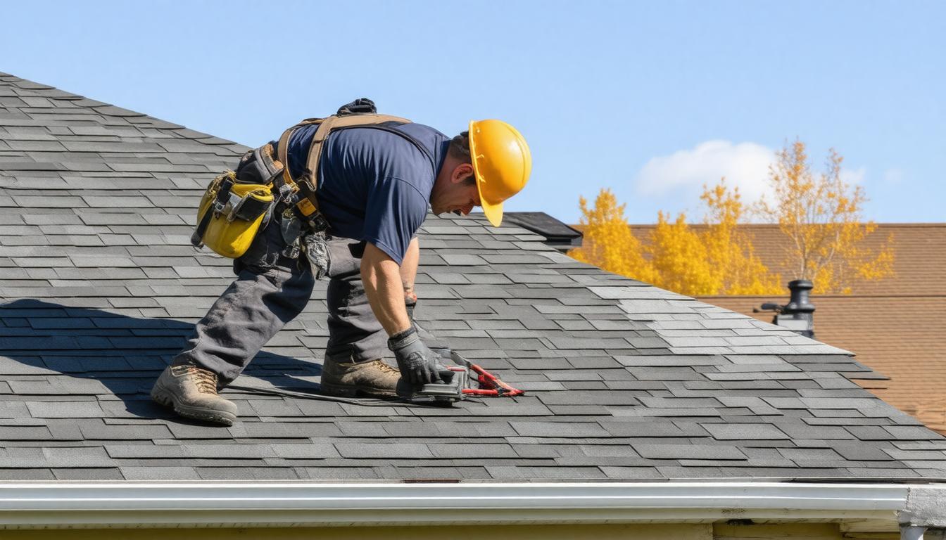 A man using a tool while working on a roof, focused on his task in a construction setting.