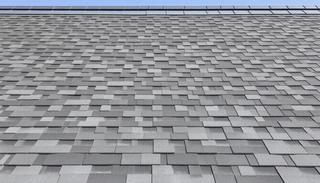 A roof with gray shingles under a clear blue sky.