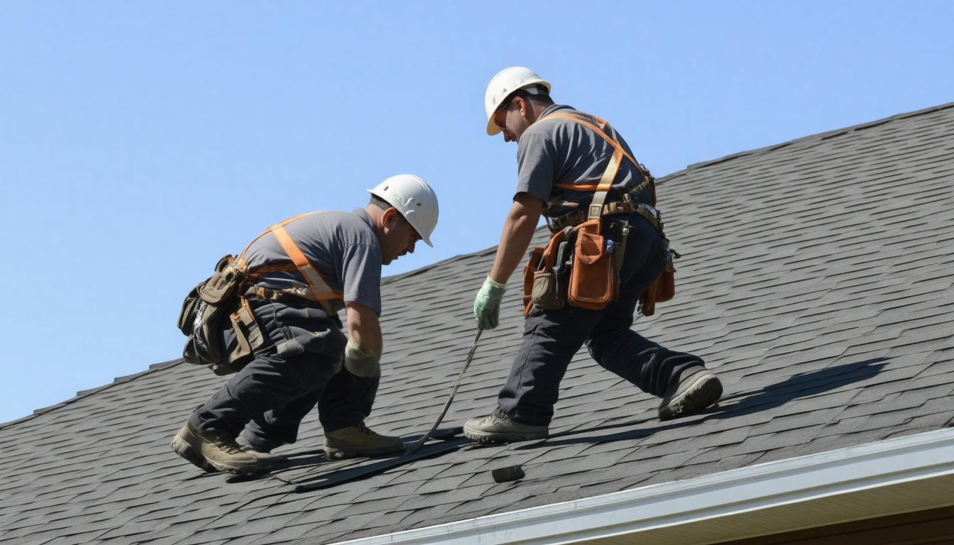 Two men are working on a roof, one is on a ladder while the other assists from the rooftop.