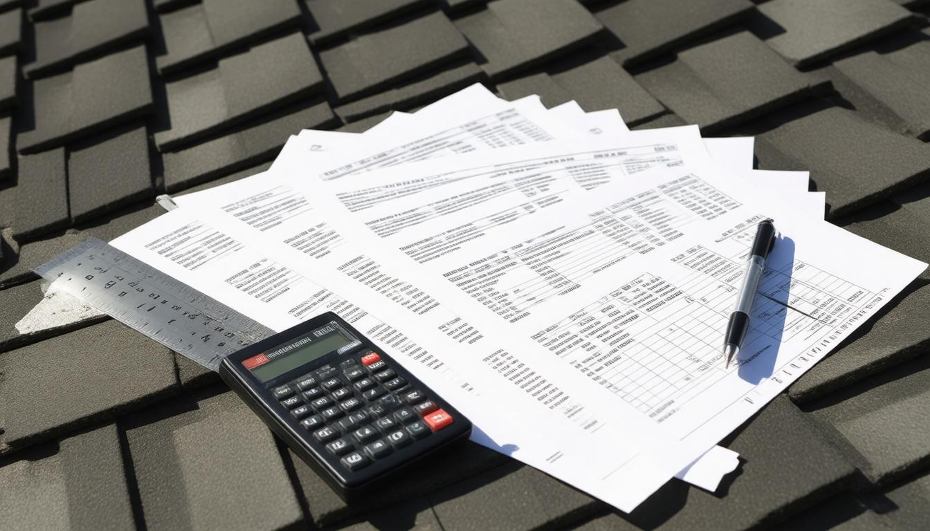 A calculator, pen, and papers arranged on a rooftop, suggesting a workspace in an outdoor setting.