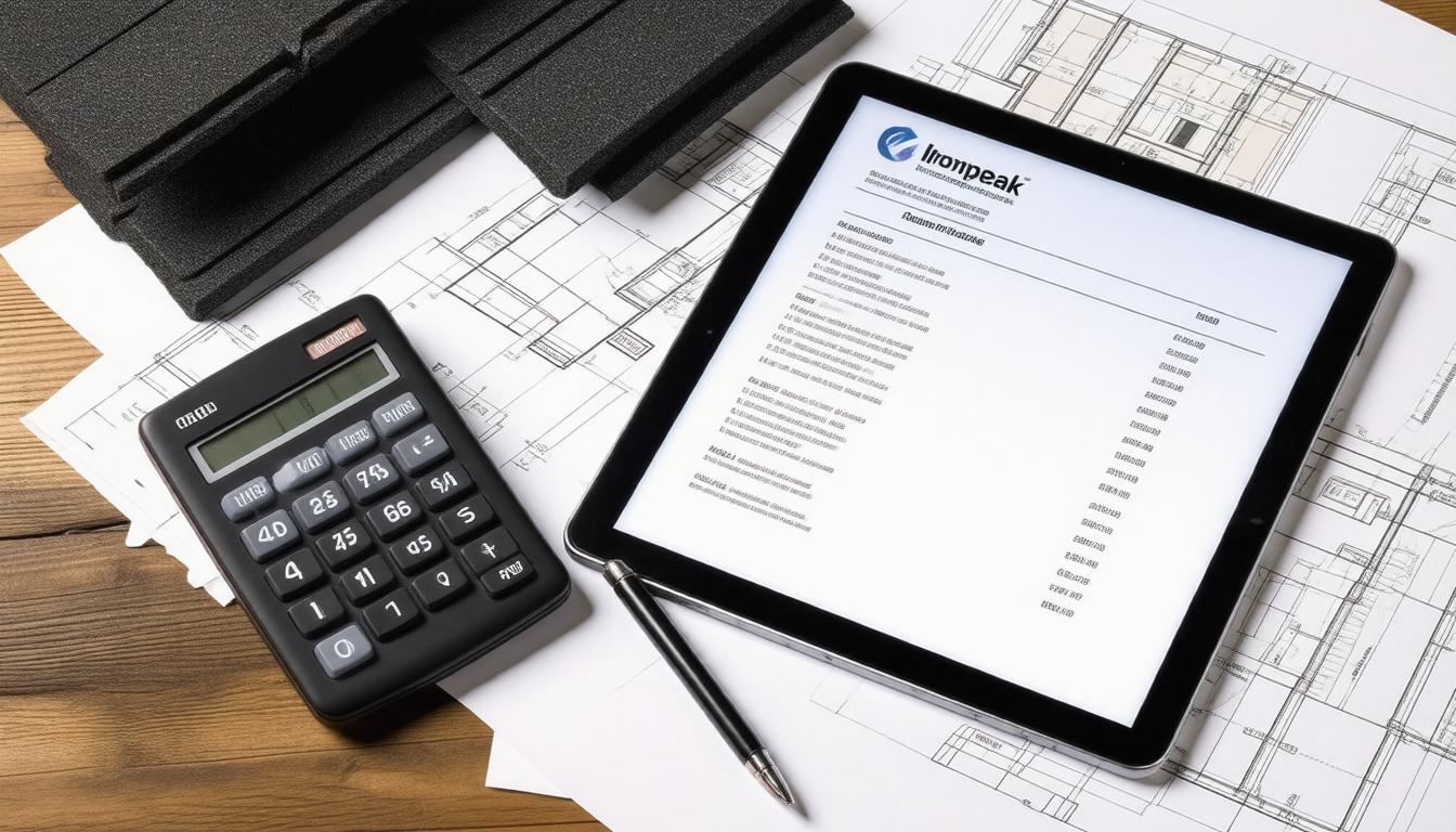 A tablet, calculator, and pen arranged neatly on a wooden table surface.